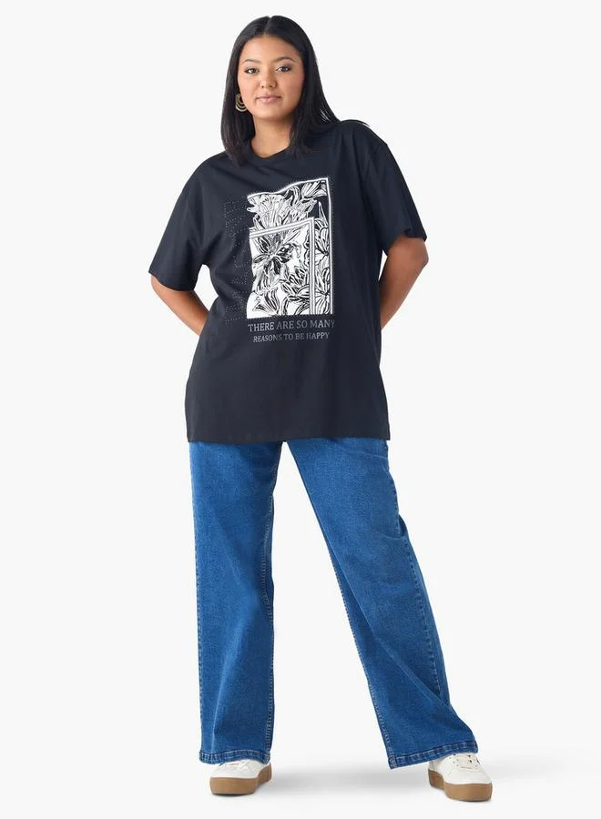 Ulla Popken Plus Size Ulla Popken Printed T-shirt with Rhinestone Embellishment